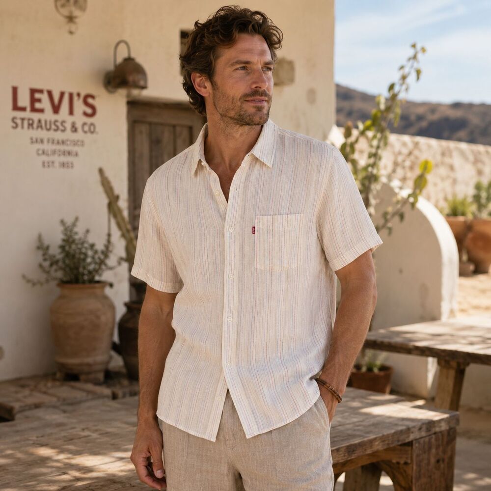 LEVIS New Men’s Shirt Standard XXL Sunset‎ Striped LINEN Blend Ivory 86624-0065